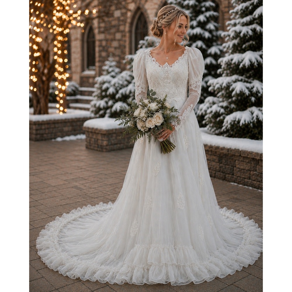 Vintage White Lace Wedding Dress Puff Sleeve Pearl Embroidered Cathedral Train